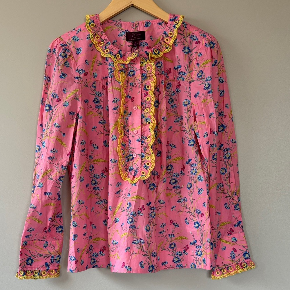 J. Crew x Liberty Poplin Wheat Bouquet Floral Pink Blouse Yellow Trim‎ Small